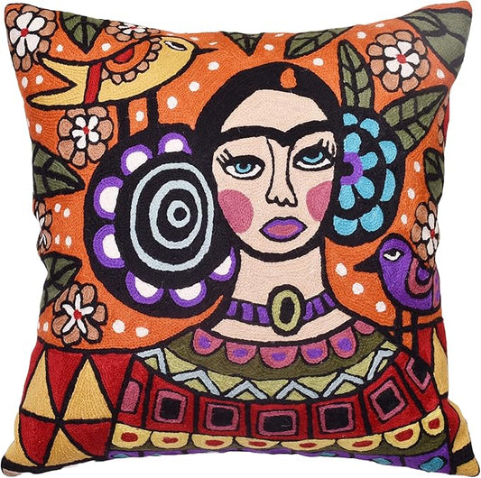Frida Kahlo Inspired Pillow Cover Orange Mexican Art Pillowcase Eclectic by Kashmir+Designs