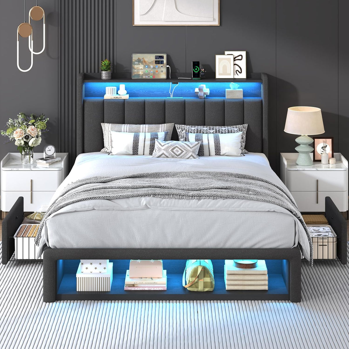 queen size bed frame with upholstered wingback headboard, package contents