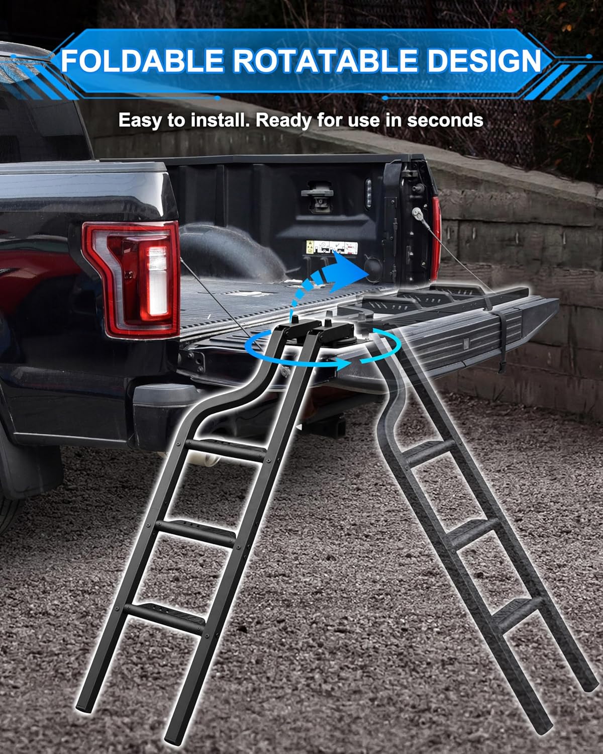 rotatable universal pickup truck tailgate ladder, 600-lb capacity shown in use
