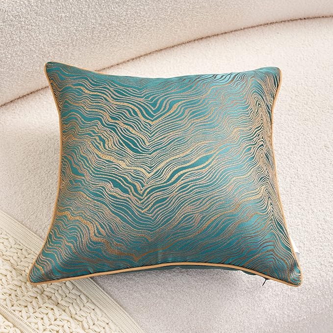 Avigers 18 x 18 Inch Square Green Teal Gold Abstract Striped Embroidery Cushion - Image 5