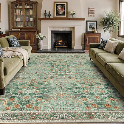 MUJOO Green Washable Rugs 8x10, Floral Area Rug by MUJOO