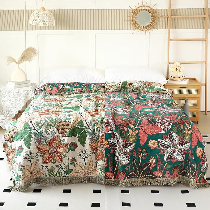 MSGKV Boho Throw Blanket for Couch Chair 100% Cotton Embroidery Floral Blanket - Image 3