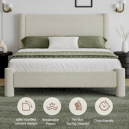 revominca queen cloud bed frame, boucle upholstered platform on a desk or shelf