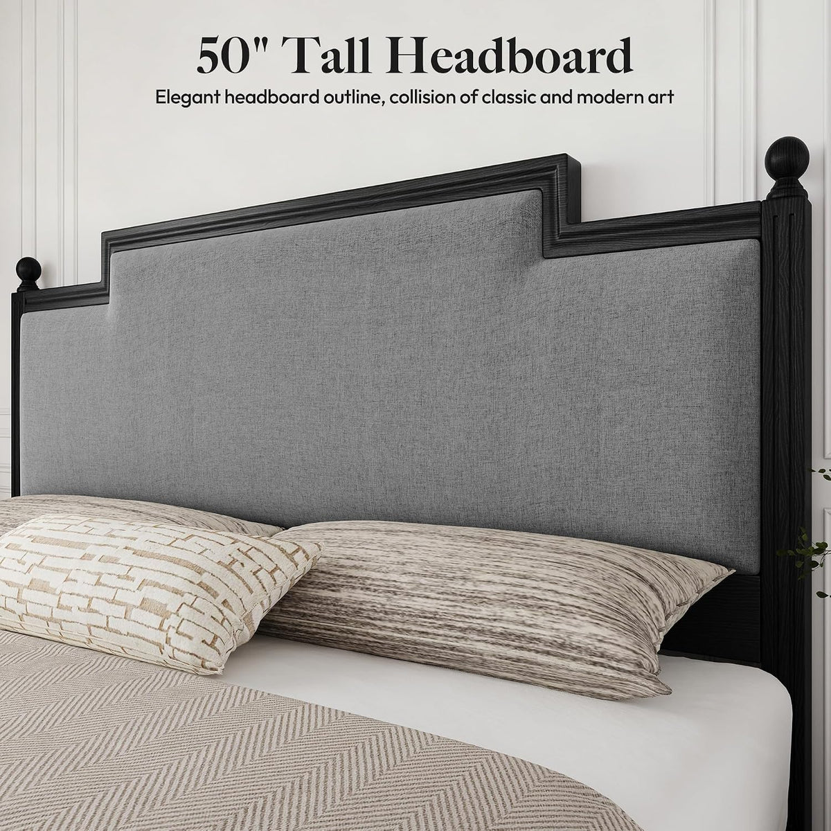 king size bed frame with 50.2" tall upholstered, side view