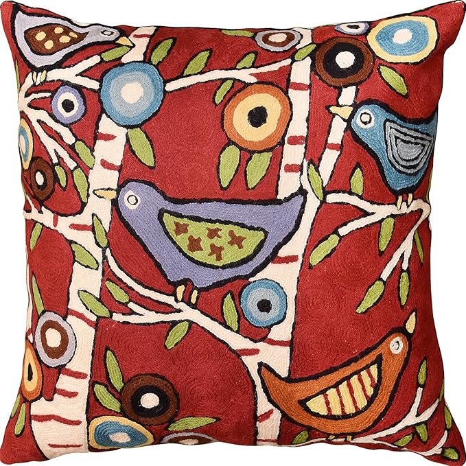 Red Plant Birds Throw Pillow Cover | Karla Gerard Designer Pillowcase Burgundy by Kashmir+Designs