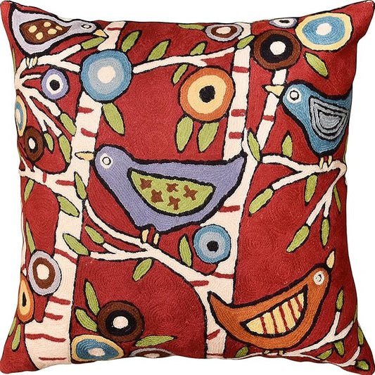 Red Plant Birds Throw Pillow Cover | Karla Gerard Designer Pillowcase Burgundy by Kashmir+Designs