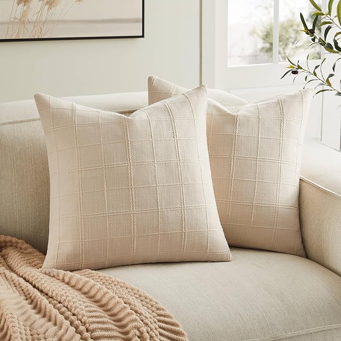 ZeeMart Linen Checked Throw Pillow Covers Set of 2, 16x16 Inch Beige/Cream by ZEEMARTONLINE