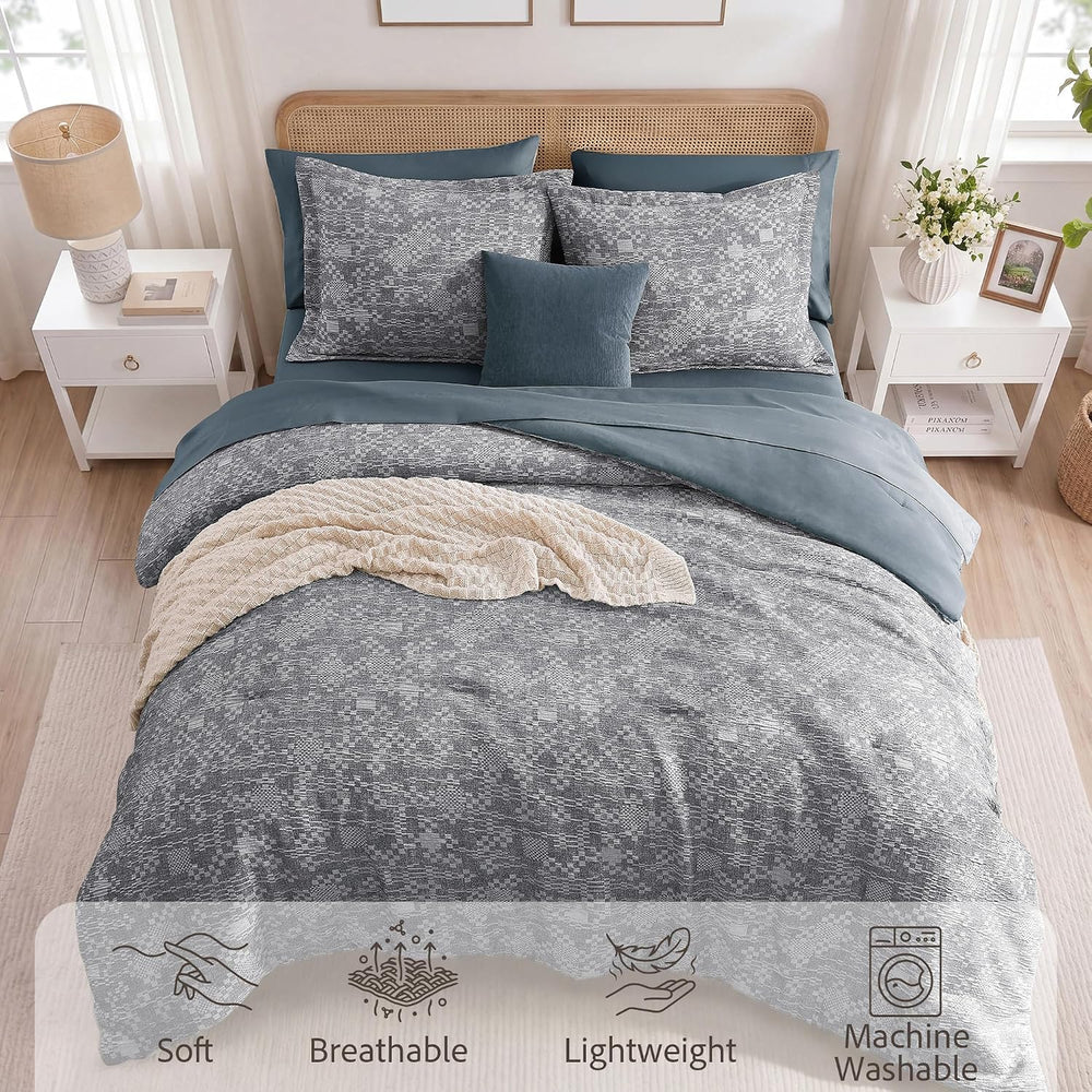 MaiRêve King Size Comforter Set Crinkle Textured Navy Bedding Set 7 Pieces