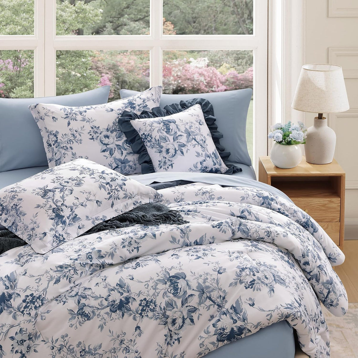 bloomhaven full size comforter sets-7 pieces blue floral, close-up detail