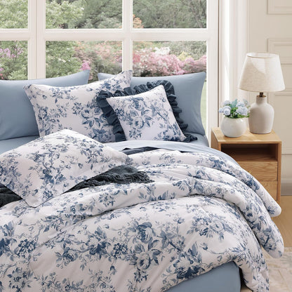 bloomhaven full size comforter sets-7 pieces blue floral, close-up detail