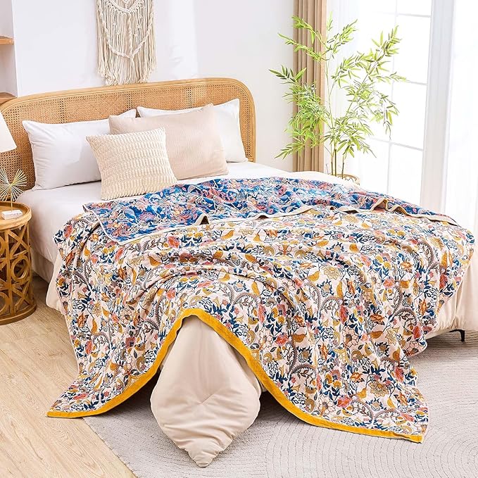 Boho Blanket Throw Quilt, 100% Cotton Soft Light Weight Throw Blankets - Image 6