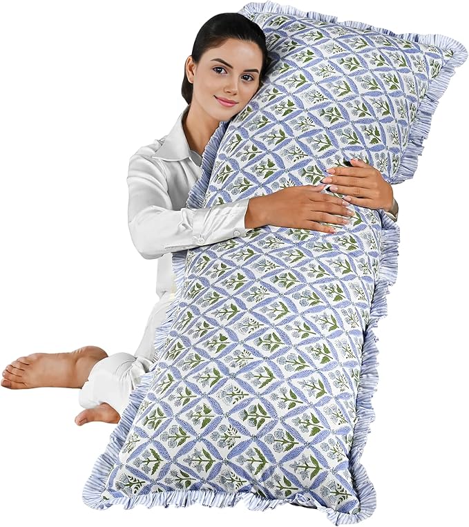 Ridhi Light Steel Blue 100% Cotton Block Print Ruffle Lumbar Sham Cover by Ridhi