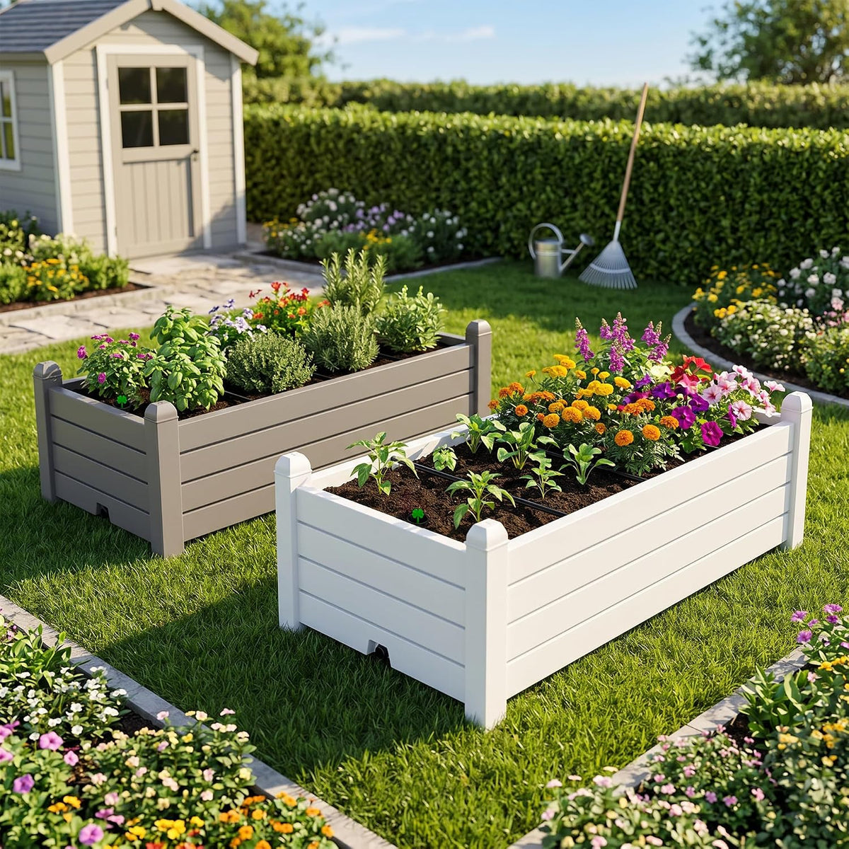 patiozen raised garden bed, self-watering resin planter box, side view