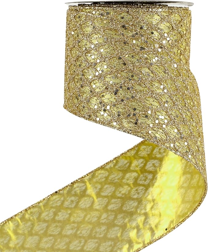 HUIHUANG Gold Glitter Wired Ribbon, 4 inch x 10 Yards, Geometric Pattern by HUIHUANG