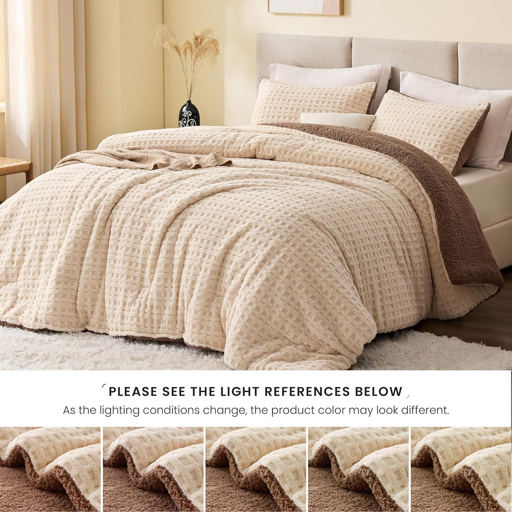 EXQ Home Taffeta Sherpa Comforter Set King 3 Pieces,Khaki&Brown