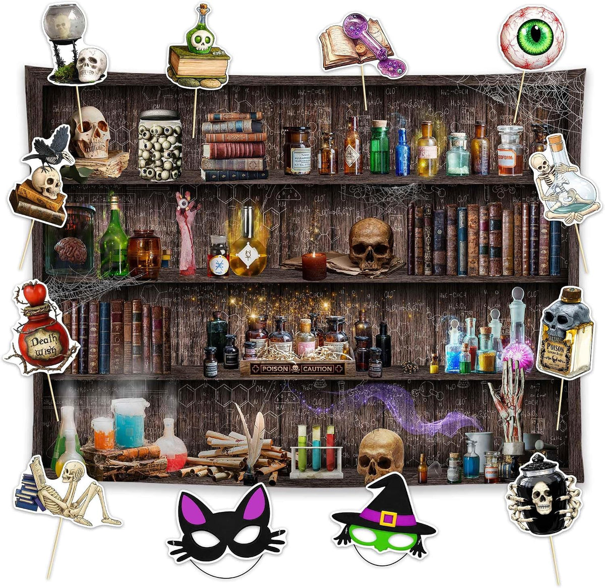Allenjoy 96" x 72" Halloween Mad Scientist Photography Backdrop with Photo Booth Props, Party Decorations, Supplies and Favors