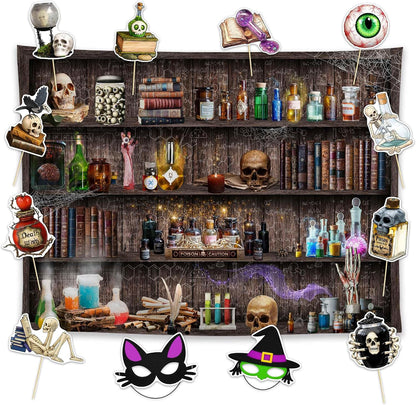 Allenjoy 96" x 72" Halloween Mad Scientist Photography Backdrop with Photo Booth Props, Party Decorations, Supplies and Favors
