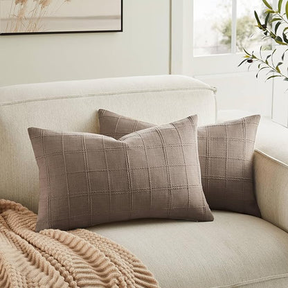 ZeeMart Linen Checked Lumbar Throw Pillow Covers Set of 2, 12x20 Inch Cocoa by ZEEMARTONLINE