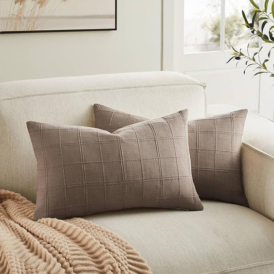 ZeeMart Linen Checked Lumbar Throw Pillow Covers Set of 2, 12x20 Inch Cocoa by ZEEMARTONLINE