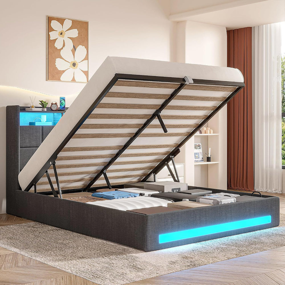 VECELO Full Size Lift Up Storage Bed, Upholstered Platform Bed Frame with Sma...