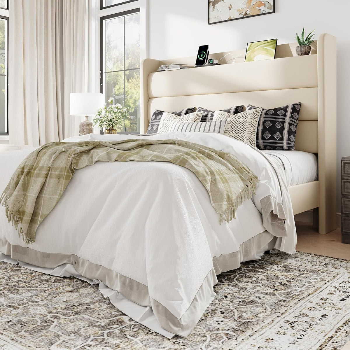 allewie full size upholstered bed frame with charging, main product view