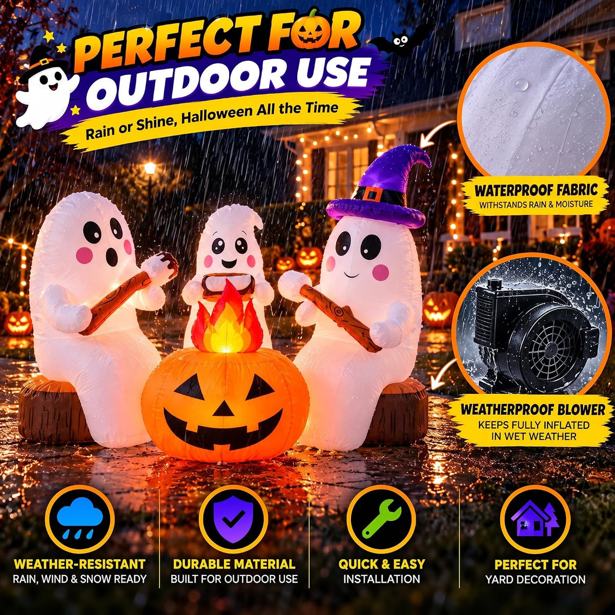 ZPISF 7.5 FT Halloween Inflatables 3 Cute Ghosts Roasting Marshmallows by Campfire, Built-in LED Lights Outdoor Yard Garden Patio Holiday Party Decorations