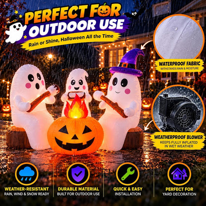 ZPISF 7.5 FT Halloween Inflatables 3 Cute Ghosts Roasting Marshmallows by Campfire, Built-in LED Lights Outdoor Yard Garden Patio Holiday Party Decorations