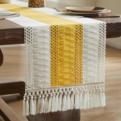 ZeeMart Macrame Style Bicolor Stitching Table Runner, 14 x 36 Inch Mustard/Ivory - Image 7