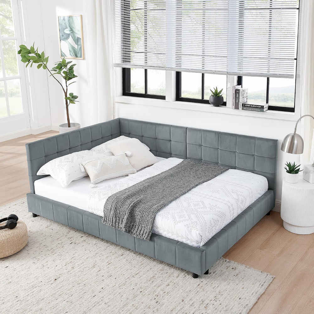 SOFTSEA Full Size Upholstered Corner Bed, Modern Daybed with L-Shaped Backres...