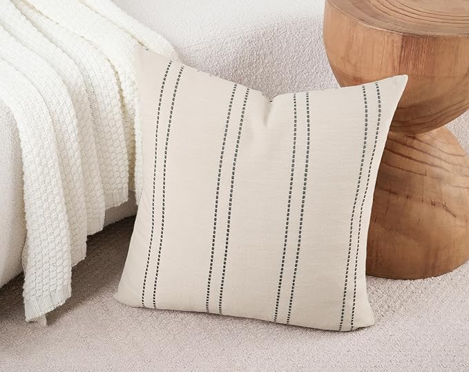 Decorative Throw Pillow Covers 20x20 Inch Set of 2 Linen Striped Accent Neutral - Image 4