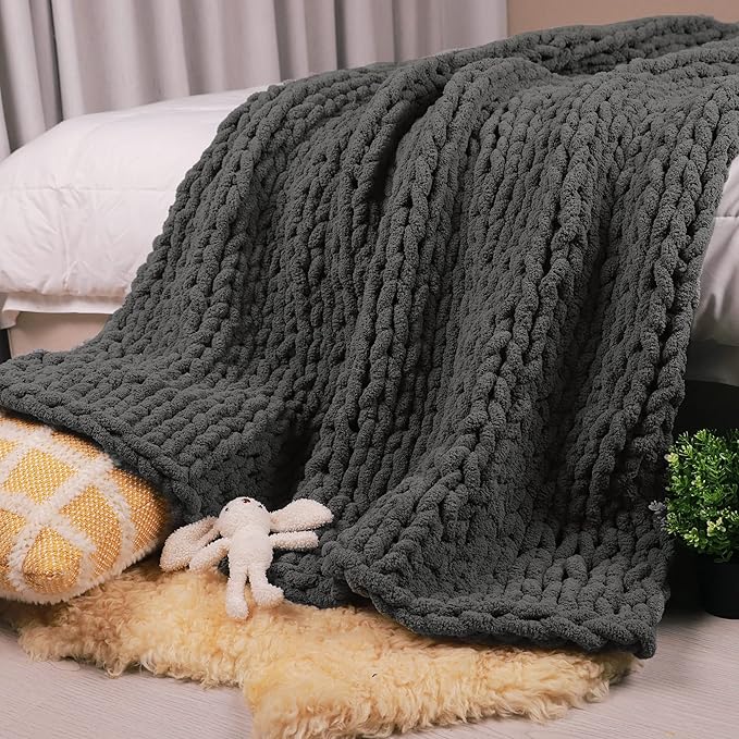 Carriediosa Chunky Knit Throw Blanket 50" X 60", 100% Hand Made Large Chenille by Carriediosa