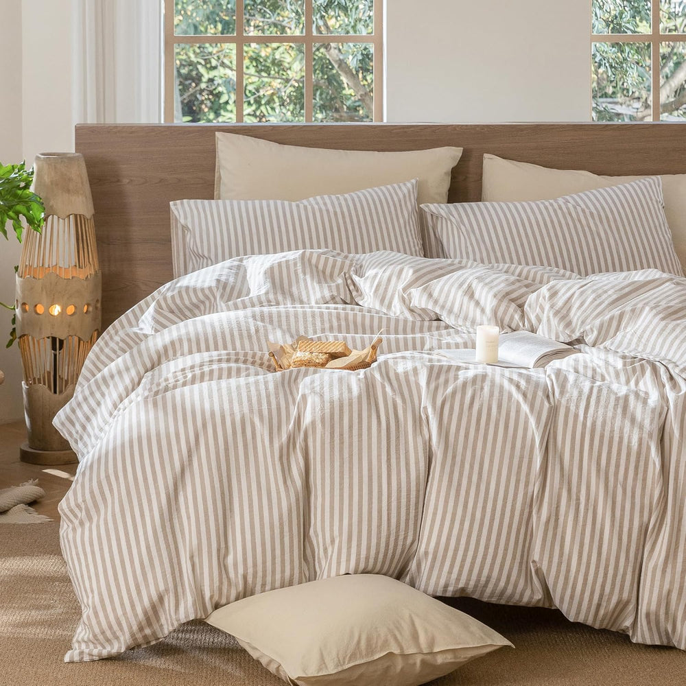 MooMee Striped Duvet Cover Set 100% Washed Cotton Linen Like King