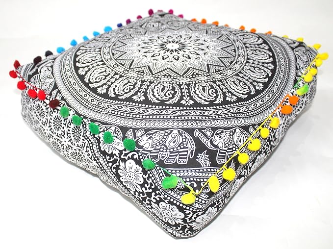 CRAFT KALA Black Elephant Flower Large Hippie Mandala Meditation Floor Ottoman - Image 5