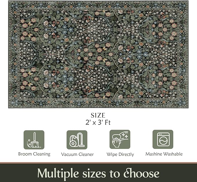 MUJOO 2x3 Washable Rug, Floral Small Area Rugs - Image 2