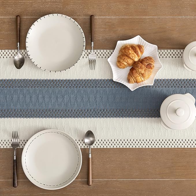 ZeeMart Macrame Style Bicolor Stitching Table Runner, 14 x 36 Inch Navy/Ivory - Image 5