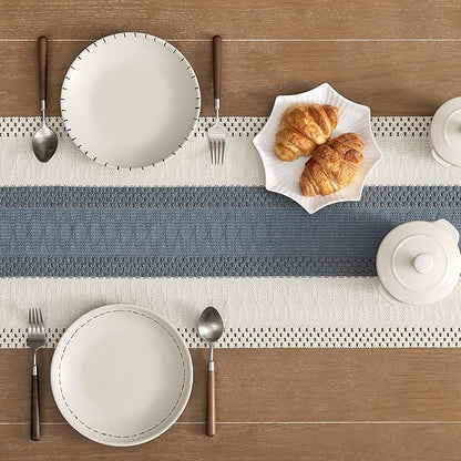 ZeeMart Macrame Style Bicolor Stitching Table Runner, 14 x 36 Inch Navy/Ivory - Image 5