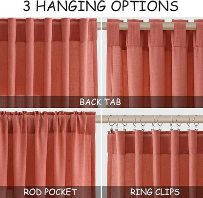 Coral Semi Sheer Linen Blend Curtains 120 Inches Long 2 Panels Set Back Tab - Image 2
