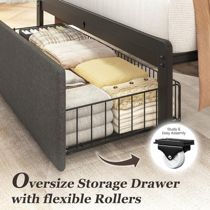 fluest twin bed frame with storage drawer, upholstered, side view