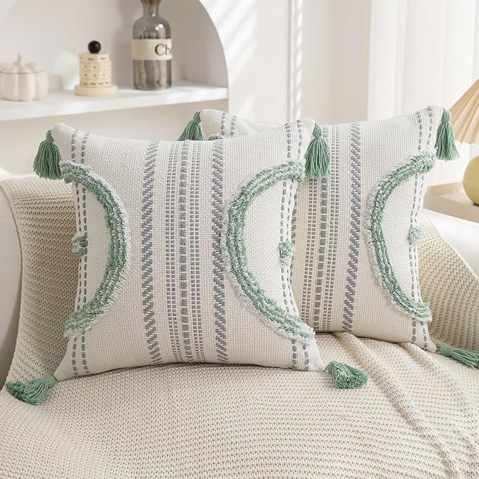 Boho Throw Pillow Covers 18x18 Set of 2 Cotton Woven Tufted Farmhouse Pillows by PLEPATE