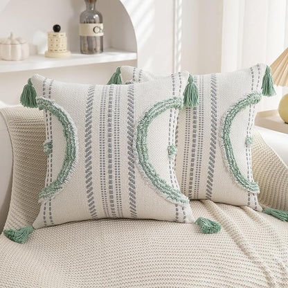 Boho Throw Pillow Covers 18x18 Set of 2 Cotton Woven Tufted Farmhouse Pillows by PLEPATE