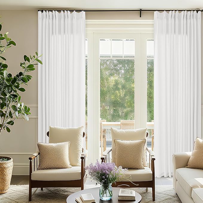 Ivory White Pinch Pleat Linen 120 Inch Curtains - Image 7