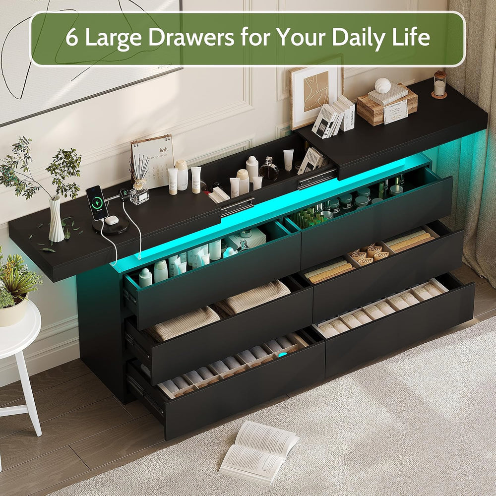 6 Drawer Dresser for Bedroom Black Dresser with Hidden Sliding Desktop