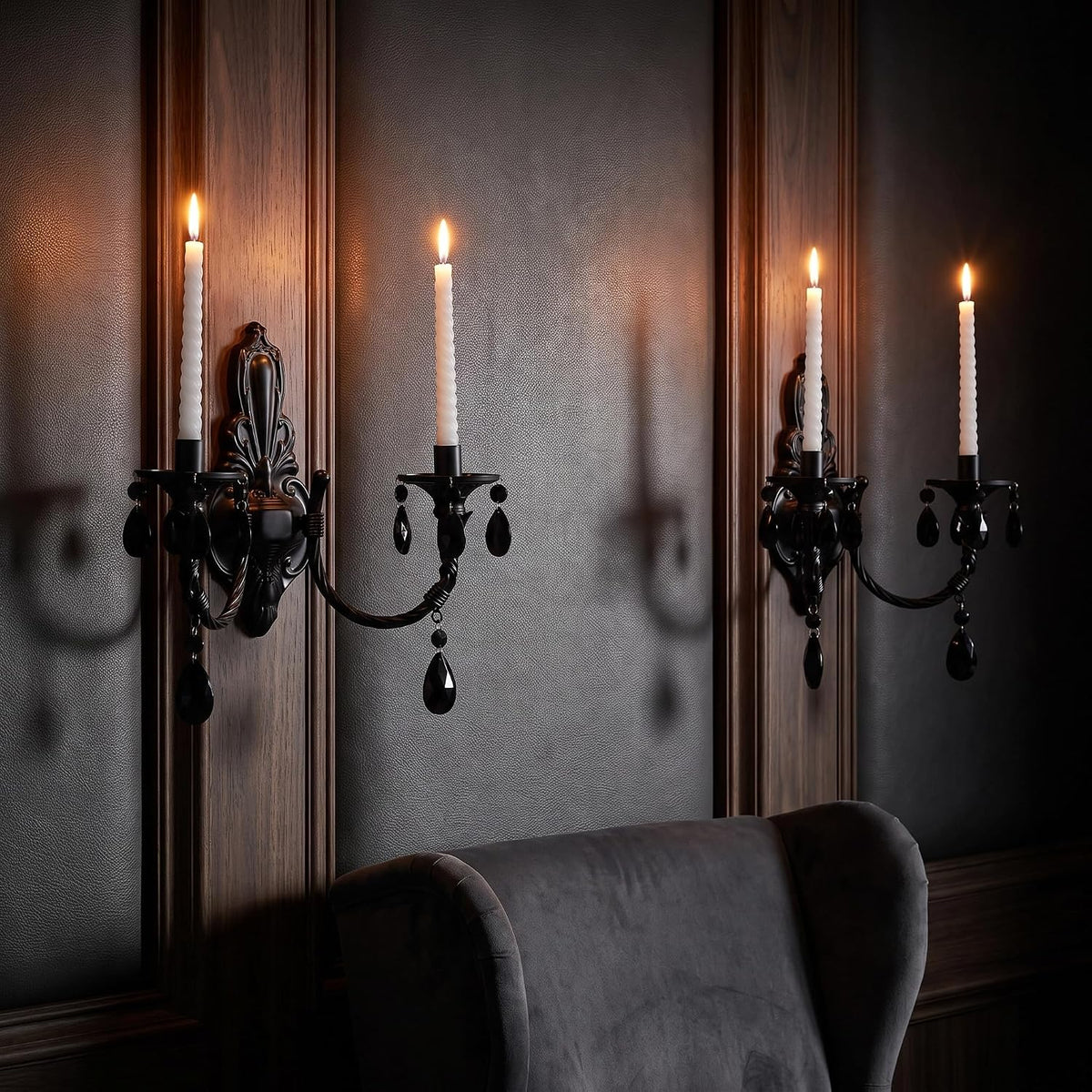 Black Iron Candle Sconces Gothic Wall Candle Holder Set of 2, Handcrafted Wrought Victorian Wall Mounted Candlestick with Acrylic Crystals for Halloween, Bedroom, Living Room, Dining Room