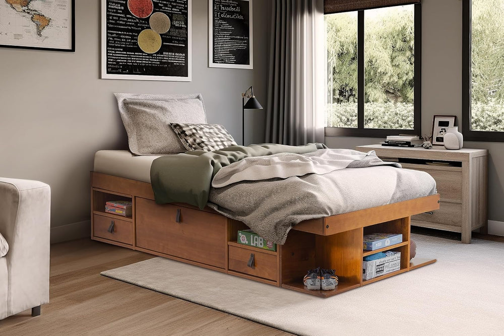 memomad Bali Storage Platform Bed Frame, Twin Size, Oak Brown