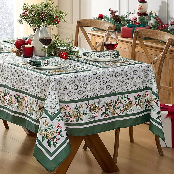 Newbridge Christmas Holly Pinecone Border 60 x 120 Inch Rectangle Fabric by HomeBargainsPlus