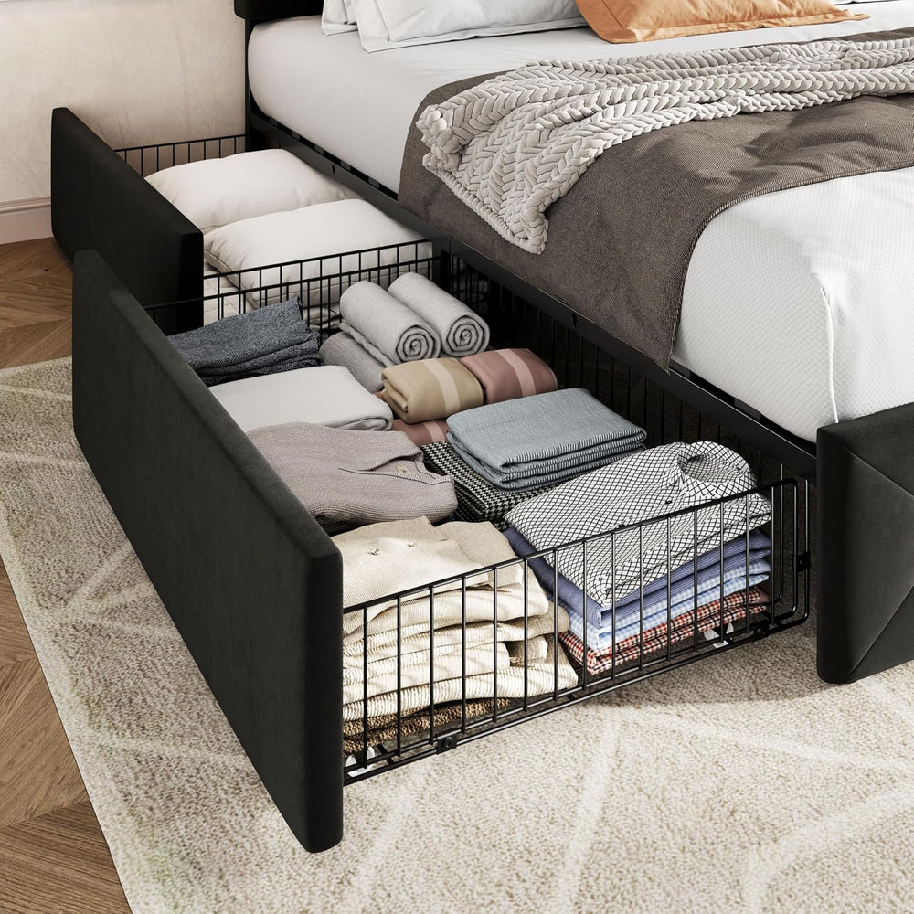 Allewie Queen Size Storage Bed Frame with 4 Underbed Drawers, Upholstered Pla...