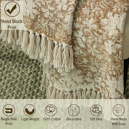 100% Pure Cotton Handblock Printed Throw Blanket, Soft 50" x 60" Fringed Floral - Image 2