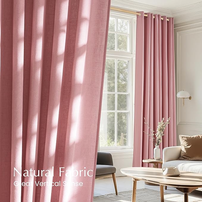 NICETOWN Linen Pink Curtains for Girls Room, Grommet Thick Flax Semi Sheer - Image 4