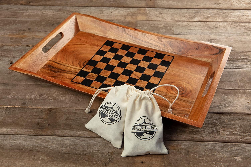Wonder-ful Gifts Serving Tray with Chessboard - Chess and Checkers Pieces Inc...