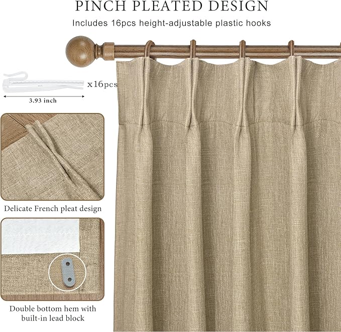 IVAPUPU Sand Pinch Pleated Full Blackout Linen Curtains - Image 7